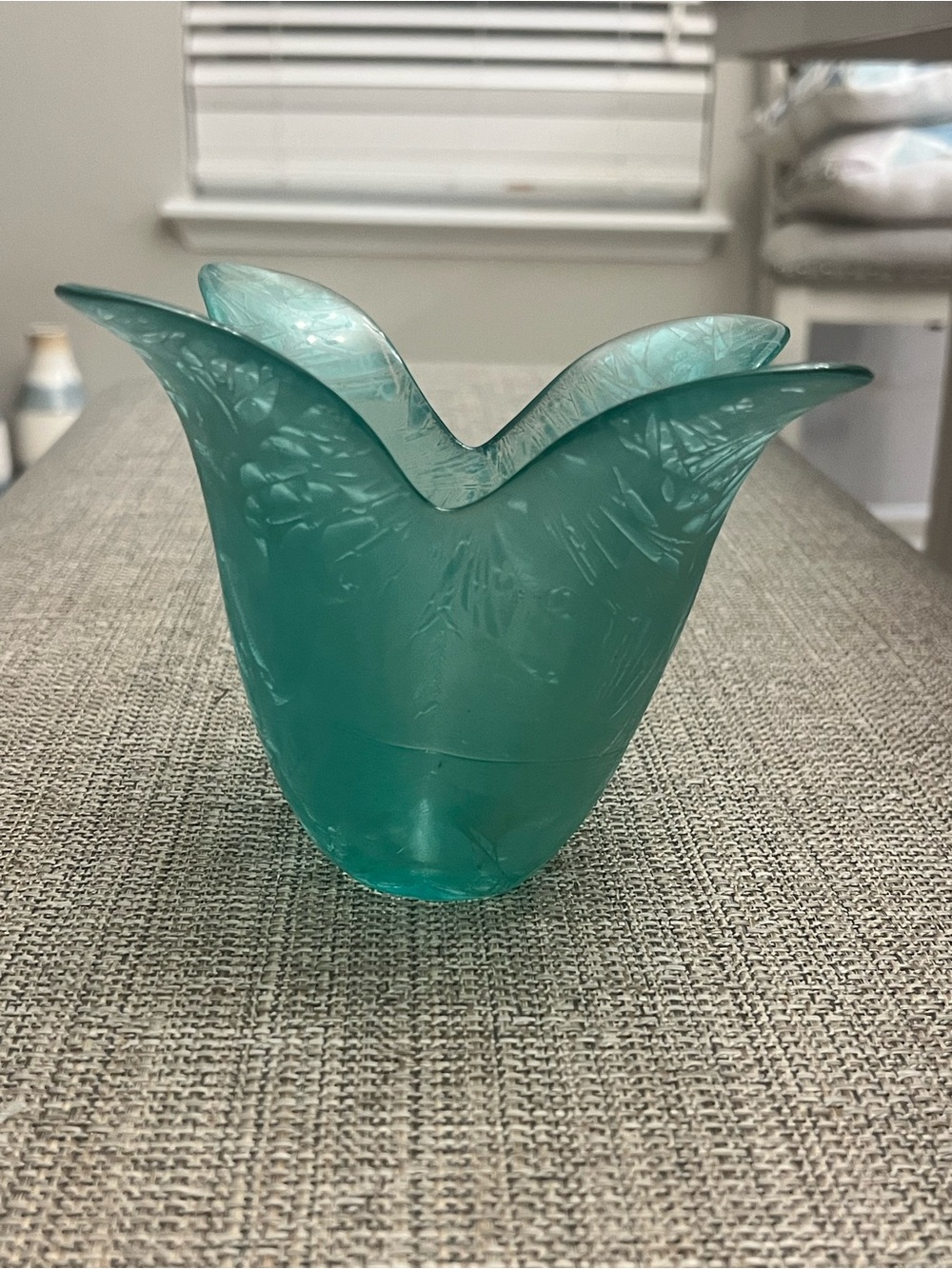 Teal Tulip Frosted Glass Accent Vase with Leaf Pattern